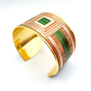 Bracelet manchette marqueterie de paille - doré à l'or fin – vue de 3/4