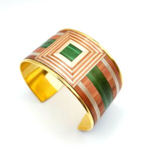 Bracelet manchette marqueterie de paille - doré à l'or fin – vue de face