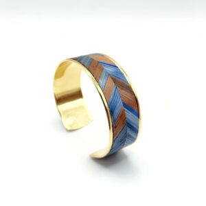 Bracelet manchette marqueterie de paille - doré à l'or fin- bleu et marron – vue de profil