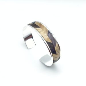 Bracelet manchette marqueterie de paille - plaqué argent - anthracite et marron – vue de face