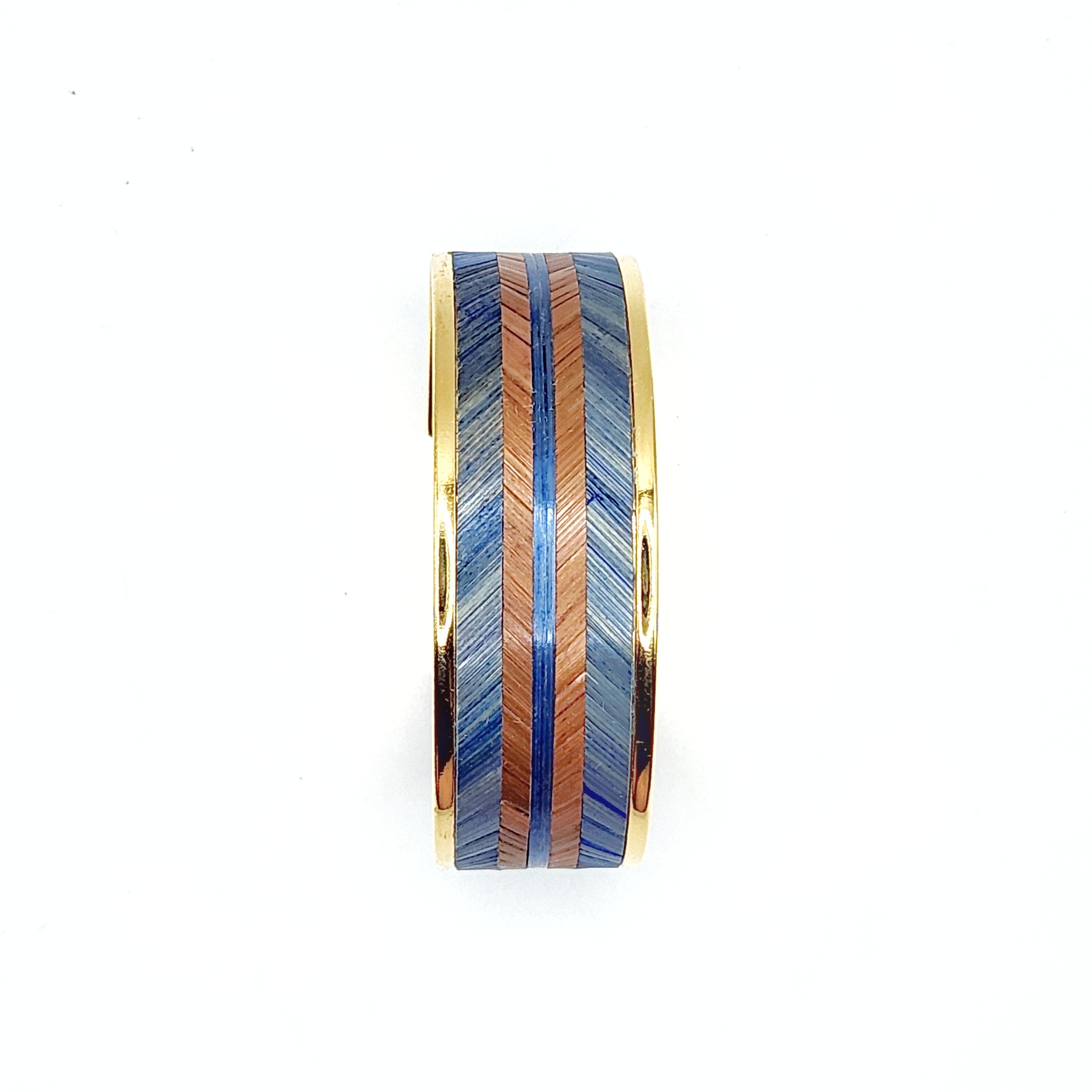 Bracelet manchette marqueterie de paille - doré à l'or fin - bleu et marron – vue de dessus