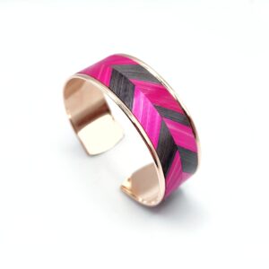 Bracelet manchette marqueterie de paille - doré à l'or rose fin - chevron rose et anthracite - vue 7/8