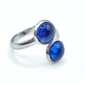 Bague « duo » en marqueterie de paille.  Bleu
